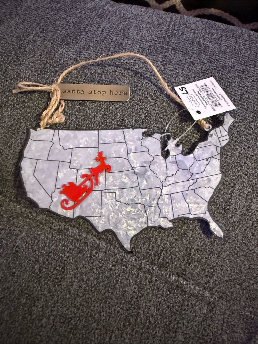 Santa Stop Here Tin US Map Hanging Large Ornament Red Santa Reindeer 6 X 3 In